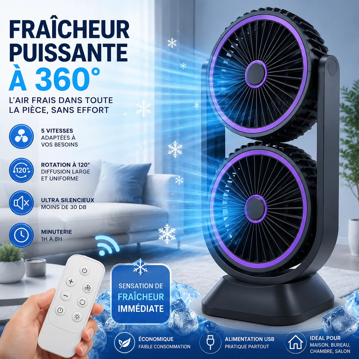TwinBreeze | Ventilateur de Bureau Double Tête Rechargeable USB