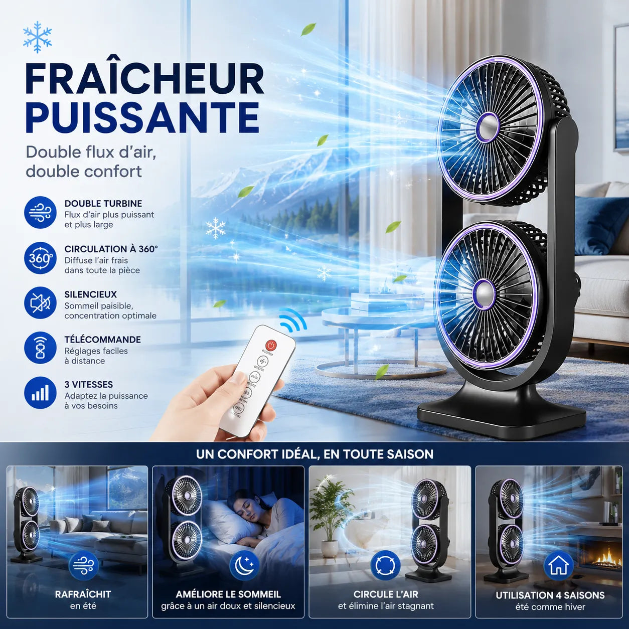 TwinBreeze | Ventilateur de Bureau Double Tête Rechargeable USB