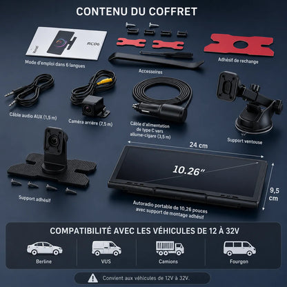DriveVision | Écran CarPlay sans fil 10,26” avec dashcam 4K intégrée