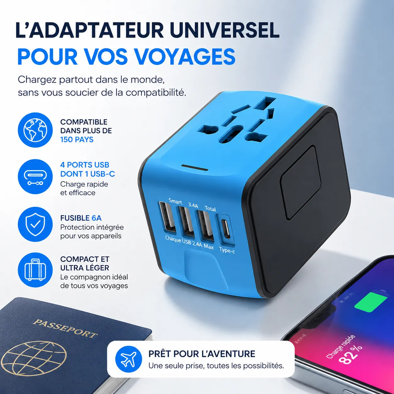 TravelCharge Pro | Adaptateur de Voyage Universel avec 4 Ports USB et USB-C