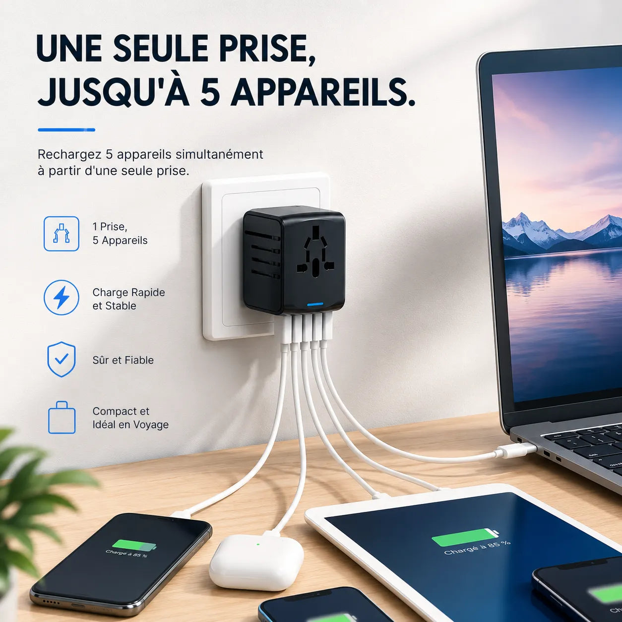 TravelCharge Pro | Adaptateur de Voyage Universel avec 4 Ports USB et USB-C