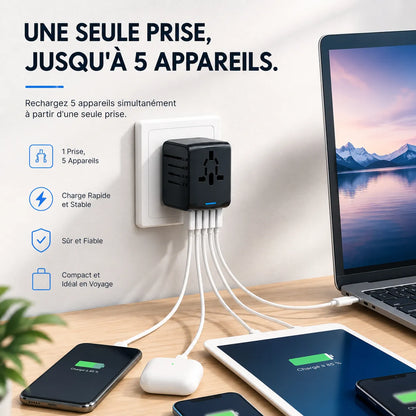 TravelCharge Pro | Adaptateur de Voyage Universel avec 4 Ports USB et USB-C
