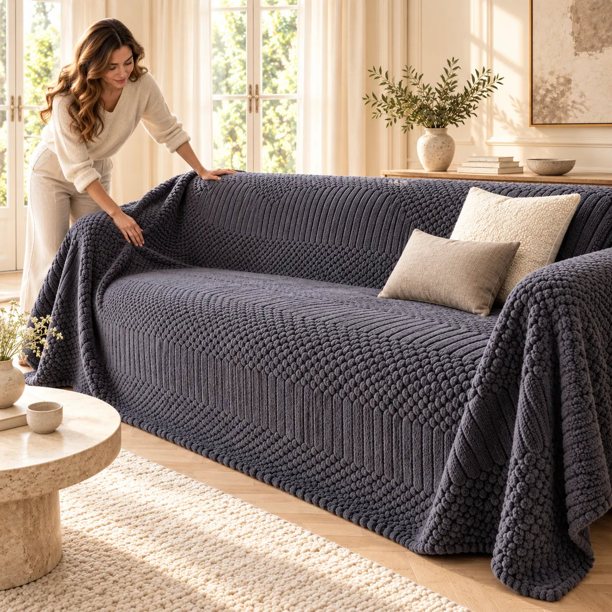 Housse de canapé bohème | Couvre canapé épais en polaire jacquard