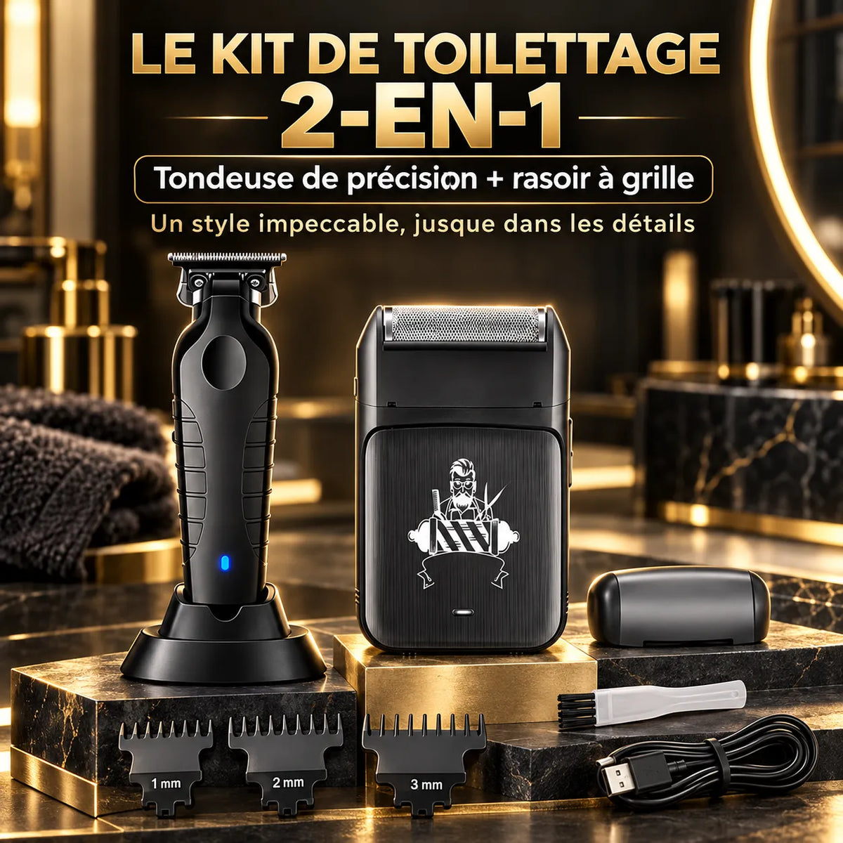 Rasoir électrique pour Homme 2-en-1 avec tondeuse pour barbe et cheveux