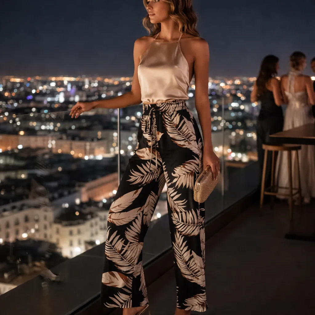 Liora Pantalon fluide été femme – Imprimé feuilles taille haute –