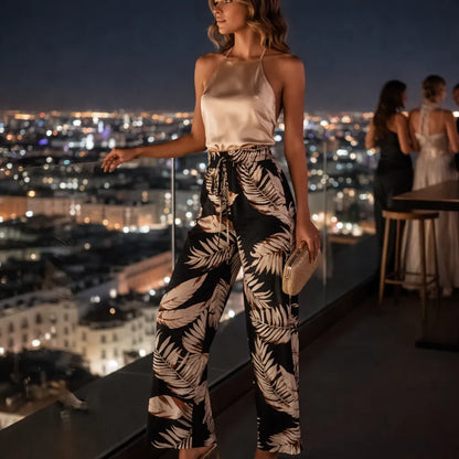 Liora Pantalon fluide été femme – Imprimé feuilles taille haute –