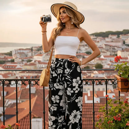 Édena Pantalon fluide été femme – Taille haute imprimé floral