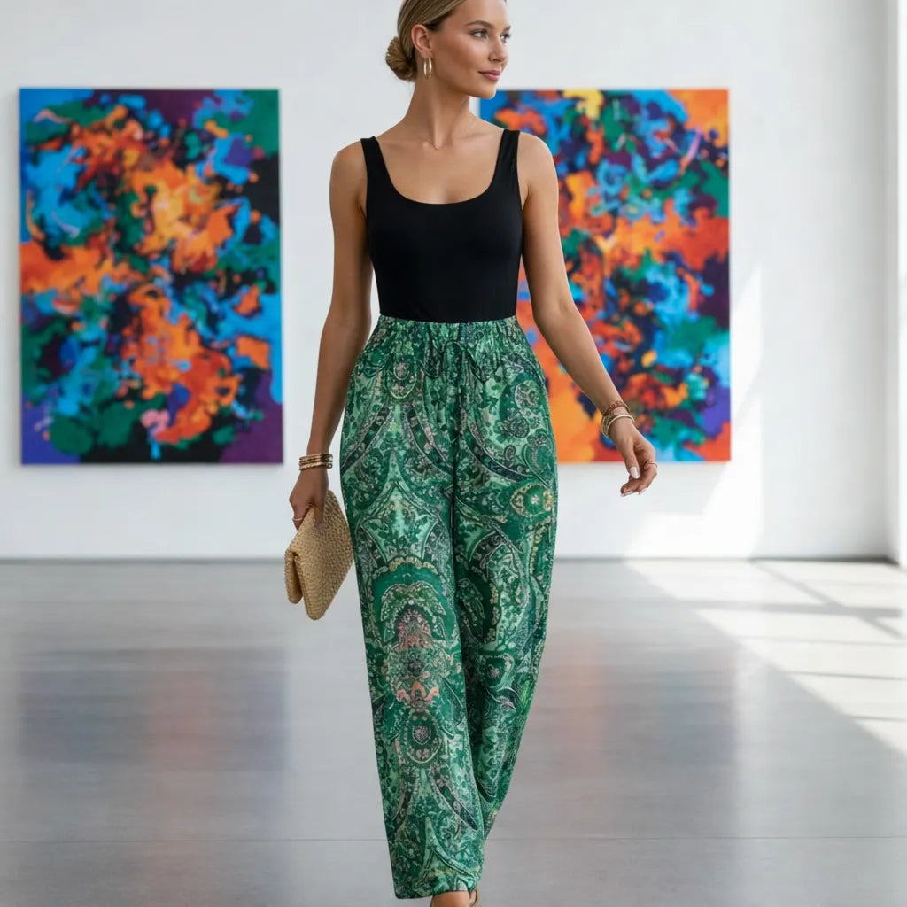 Vintara Pantalon fluide été femme – Imprimé vintage tie-dye