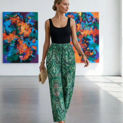 Vintara Pantalon fluide été femme – Imprimé vintage tie-dye