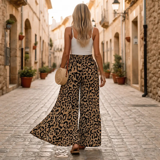 Léona Pantalon fluide large femme – Motif léopard élégant