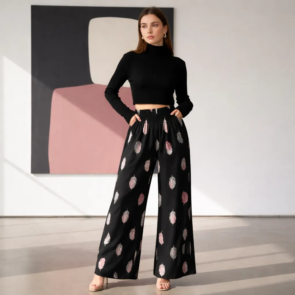 Aéria Pantalon fluide été femme – Imprimé plumes bohème