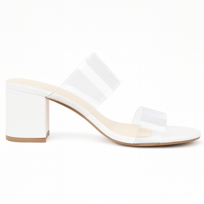 Sandales à Talons pour Femme – Mules d’Été à Enfiler avec Deux Brides Transparentes et Talon Bloc