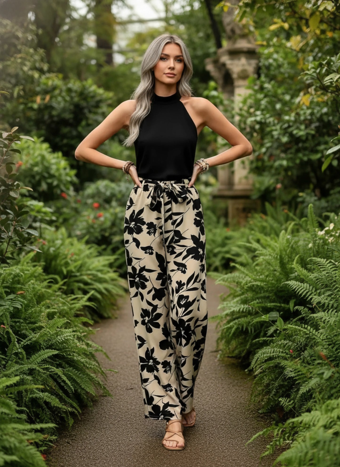 Camélia Pantalon fluide été femme – Imprimé floral grande taille