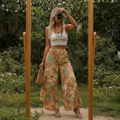 Calista Pantalon fluide été femme – Imprimé géométrique large