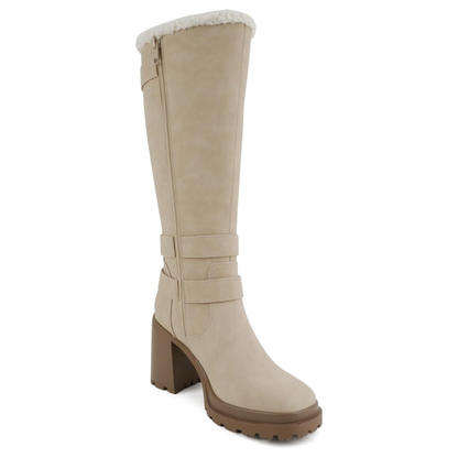 Bottes hautes femme beige à talon bloc et doublure fourrée, brides à boucles métal