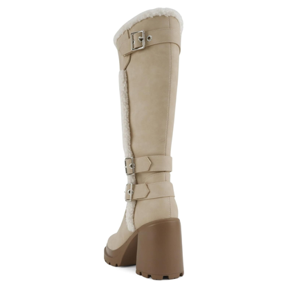 Bottes hautes femme beige à talon bloc et doublure fourrée, brides à boucles métal