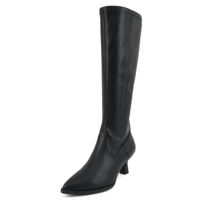 Bottes hautes femme noires en cuir synthétique, bout pointu, talon bas 6 cm, zip latéral
