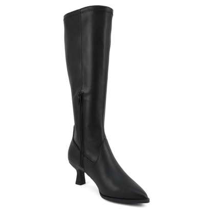Bottes hautes femme noires en cuir synthétique, bout pointu, talon bas 6 cm, zip latéral