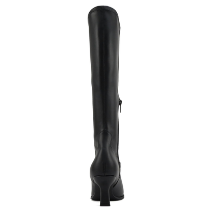 Bottes hautes femme noires en cuir synthétique, bout pointu, talon bas 6 cm, zip latéral