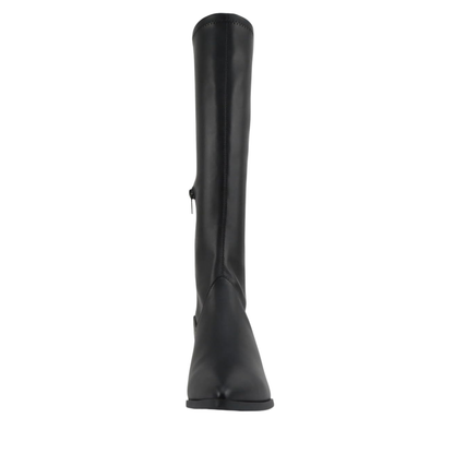 Bottes hautes femme noires en cuir synthétique, bout pointu, talon bas 6 cm, zip latéral