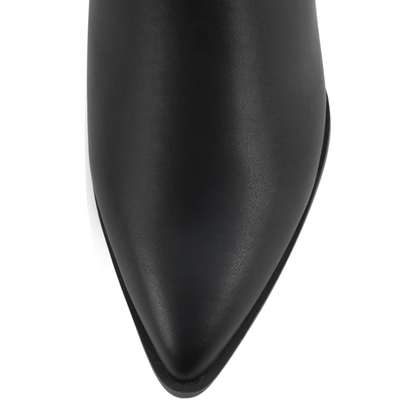 Bottes hautes femme noires en cuir synthétique, bout pointu, talon bas 6 cm, zip latéral