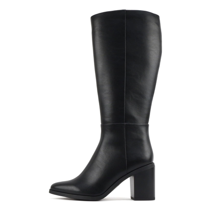 Bottes hautes pour femme à talon bloc et bout pointu - effet cuir noir