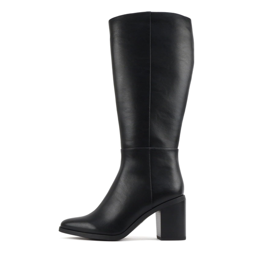 Bottes hautes pour femme à talon bloc et bout pointu - effet cuir noir