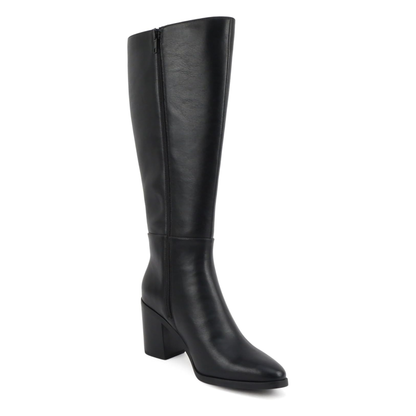 Bottes hautes pour femme à talon bloc et bout pointu - effet cuir noir