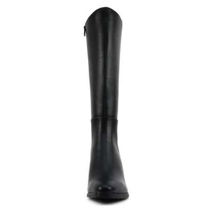 Bottes hautes pour femme à talon bloc et bout pointu - effet cuir noir