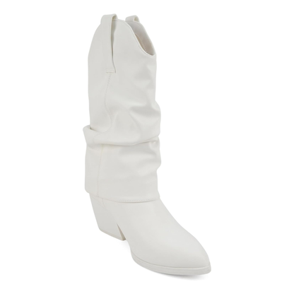 Bottes blanches mi-mollet à bout pointu et talon carré effet plissé pour femme