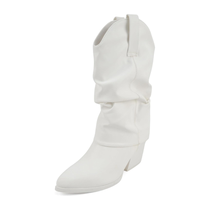 Bottes blanches mi-mollet à bout pointu et talon carré effet plissé pour femme