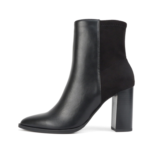 Bottines pour femme à talon carré 9 cm, bout pointu et tige bi-matière