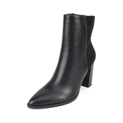 Bottines pour femme à talon carré 9 cm, bout pointu et tige bi-matière