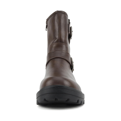 Bottes motardes marron à brides boucle et semelle crantée mi-mollet pour femme