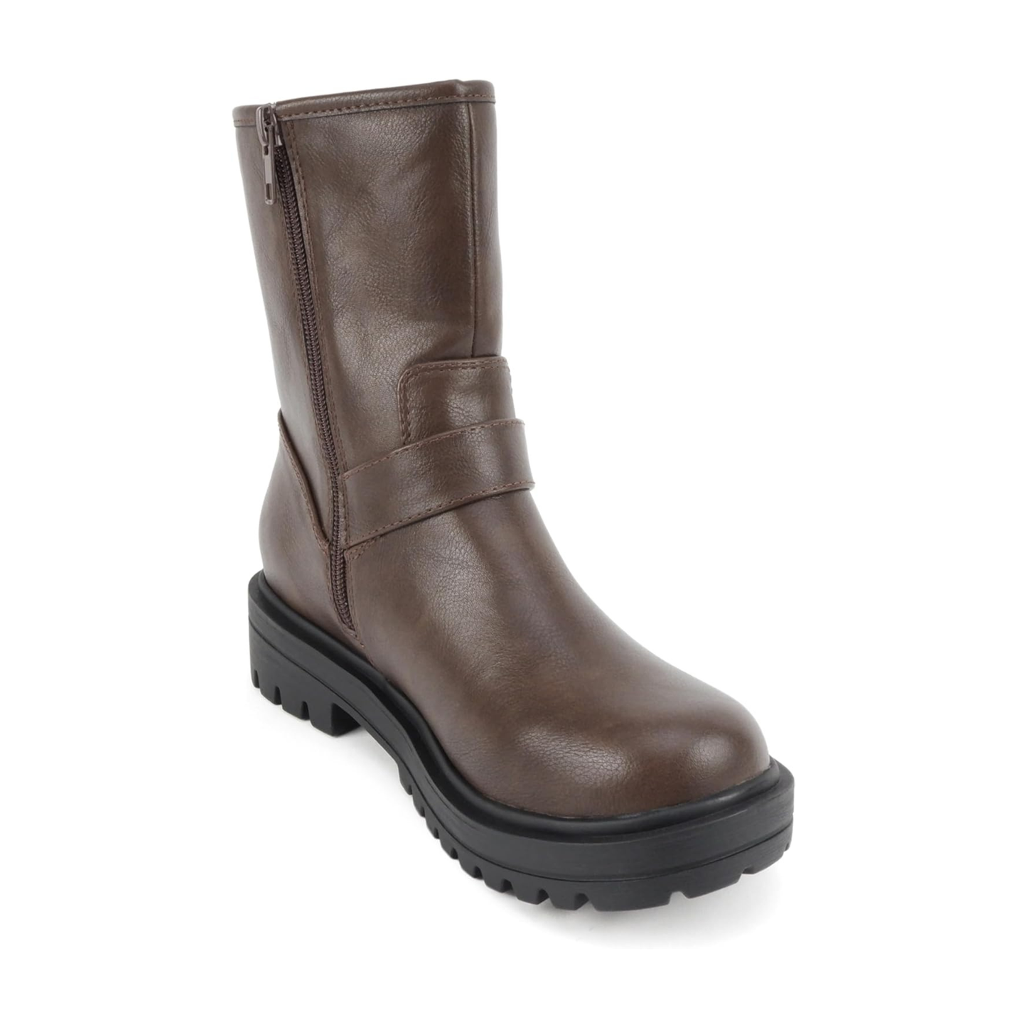 Bottes motardes marron à brides boucle et semelle crantée mi-mollet pour femme
