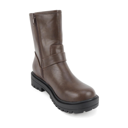Bottes motardes marron à brides boucle et semelle crantée mi-mollet pour femme