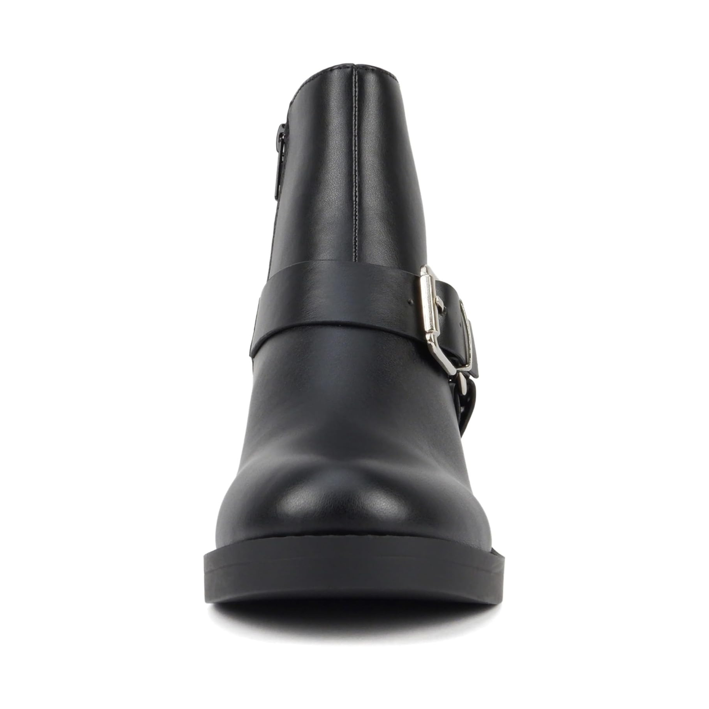 Bottines noires à talon bloc bas avec bride et boucle décorative pour femme , fermeture éclair