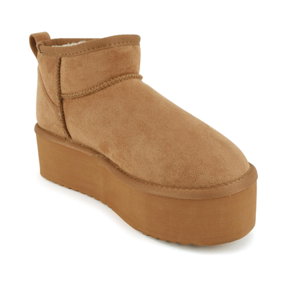 Bottines plateforme camel en simili daim vegan doublées chaud, semelle épaisse