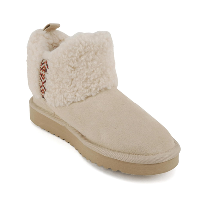 Bottines fourrées beige en simili daim, semelle crantée et doublure sherpa pour femme