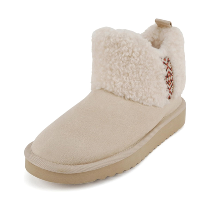 Bottines fourrées beige en simili daim, semelle crantée et doublure sherpa pour femme