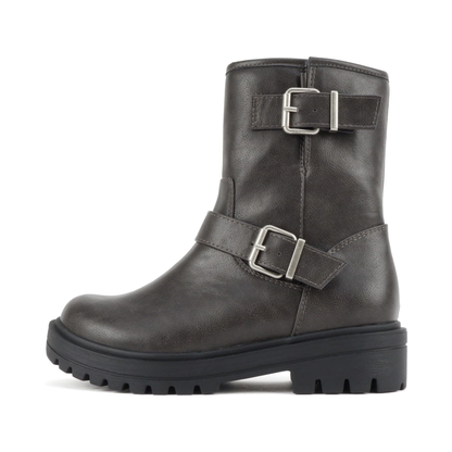 Bottines motardes grises à brides et boucles, semelle crantée et talon bloc pour femme