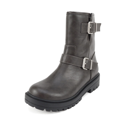 Bottines motardes grises à brides et boucles, semelle crantée et talon bloc pour femme