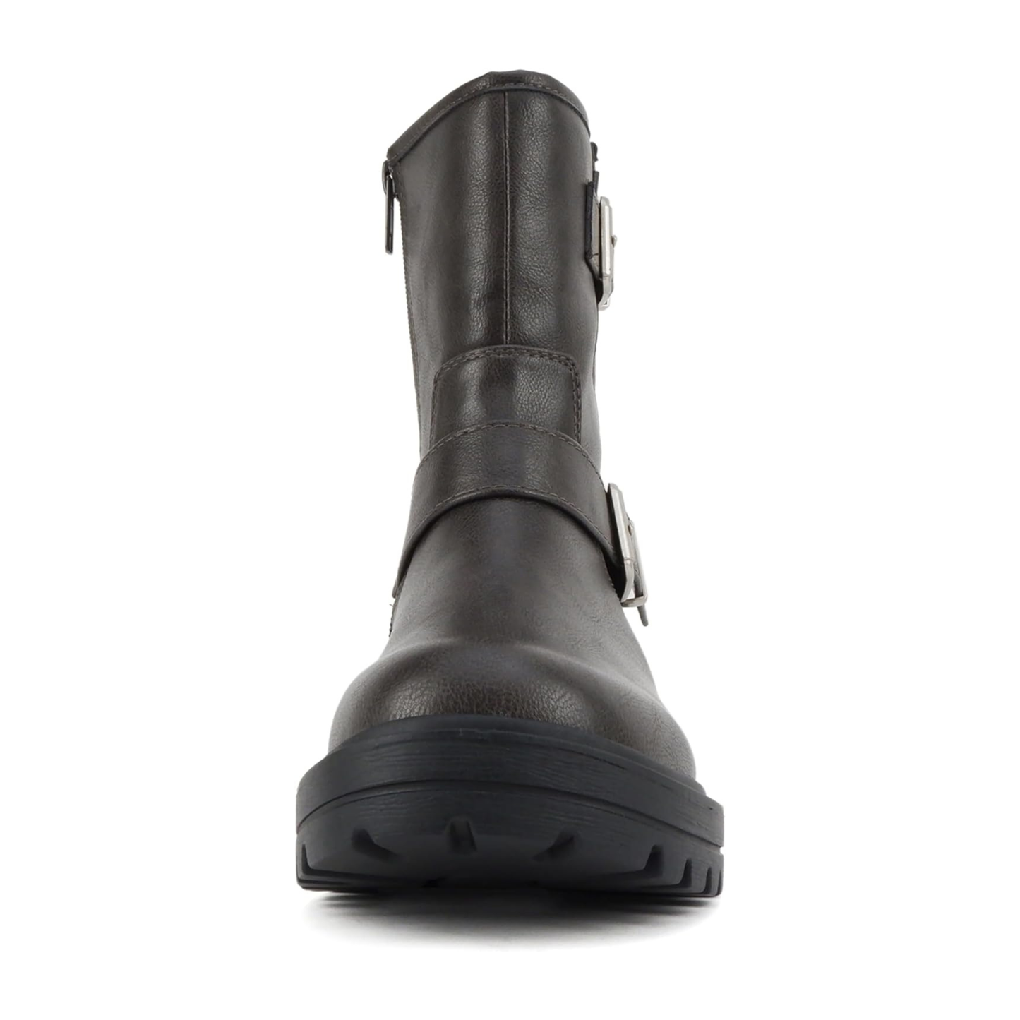 Bottines motardes grises à brides et boucles, semelle crantée et talon bloc pour femme