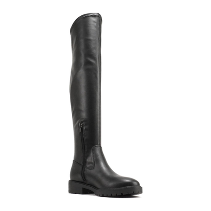Cuissardes noires en simili cuir vegan, semelle crantée et talon bas bloc pour femme