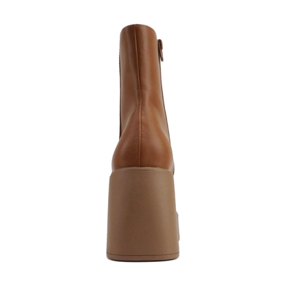 Bottines femme camel à talon bloc et plateforme, bout carré, fermeture éclair latérale
