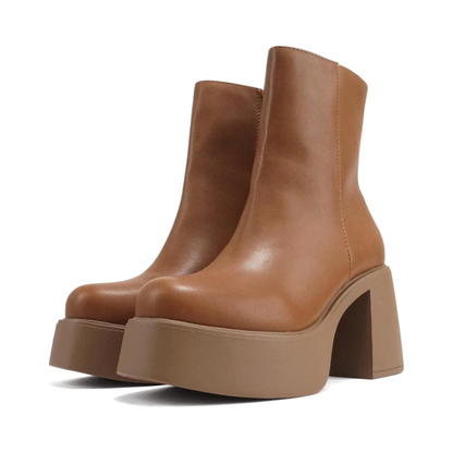 Bottines femme camel à talon bloc et plateforme, bout carré, fermeture éclair latérale