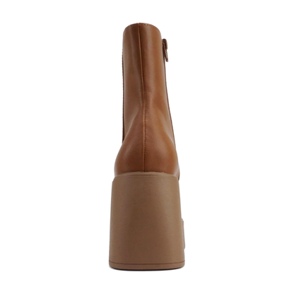 Bottines femme camel à talon bloc et plateforme, bout carré, fermeture éclair latérale