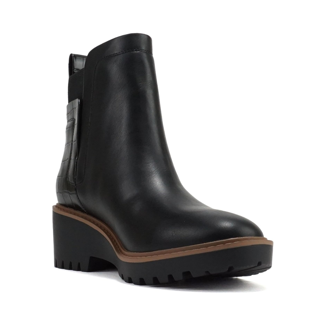 Bottines chelsea noires à talon compensé bas et arrière effet croco pour femme
