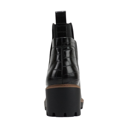 Bottines chelsea noires à talon compensé bas et arrière effet croco pour femme
