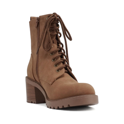 Bottines cognac à lacets, semelle crantée et talon bloc moyen pour femme